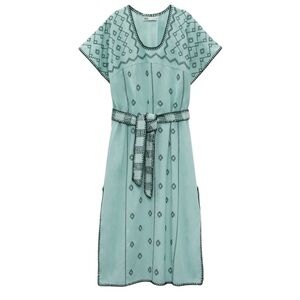 ZARA Bloggers Fav V- Neck Linen Embroidered Caftan Dress Tie Waist Size L NEW